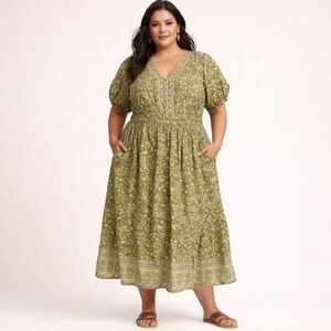 Lea Womens 3XL Dress Midi Cottagecore Smocked Puff Sleeve Green Coquette New